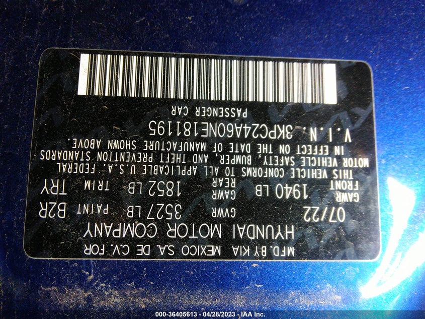VIN 3KPC24A60NE181195 2022 HYUNDAI ACCENT SE