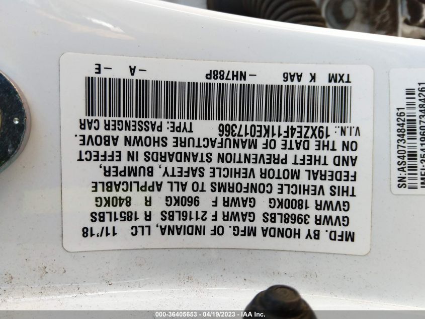 2019 HONDA INSIGHT LX 19XZE4F11KE017366