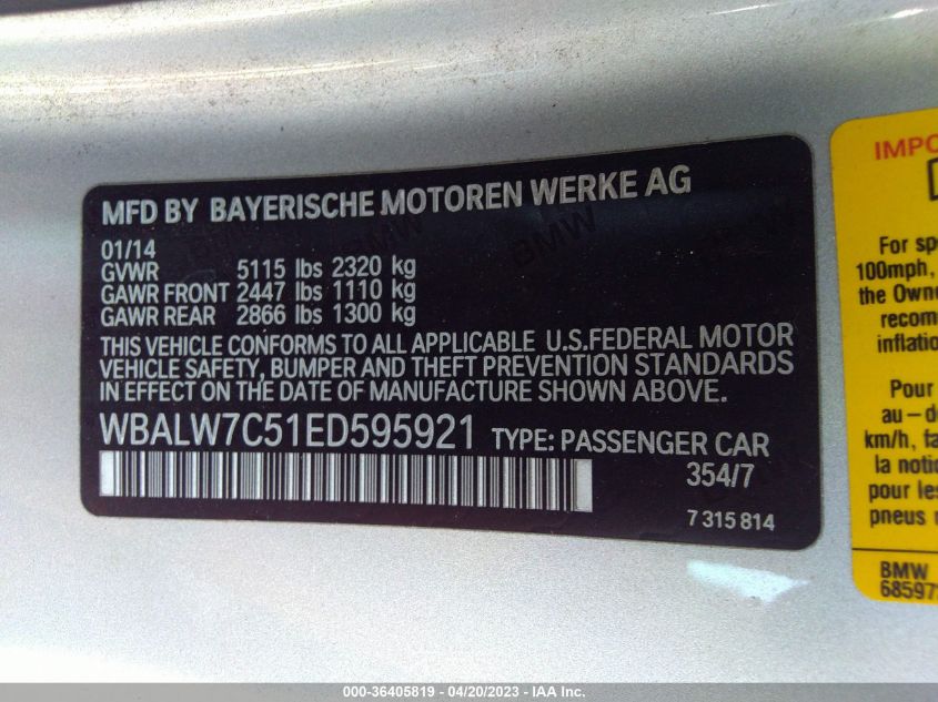 2014 BMW 6 SERIES 640I - WBALW7C51ED595921