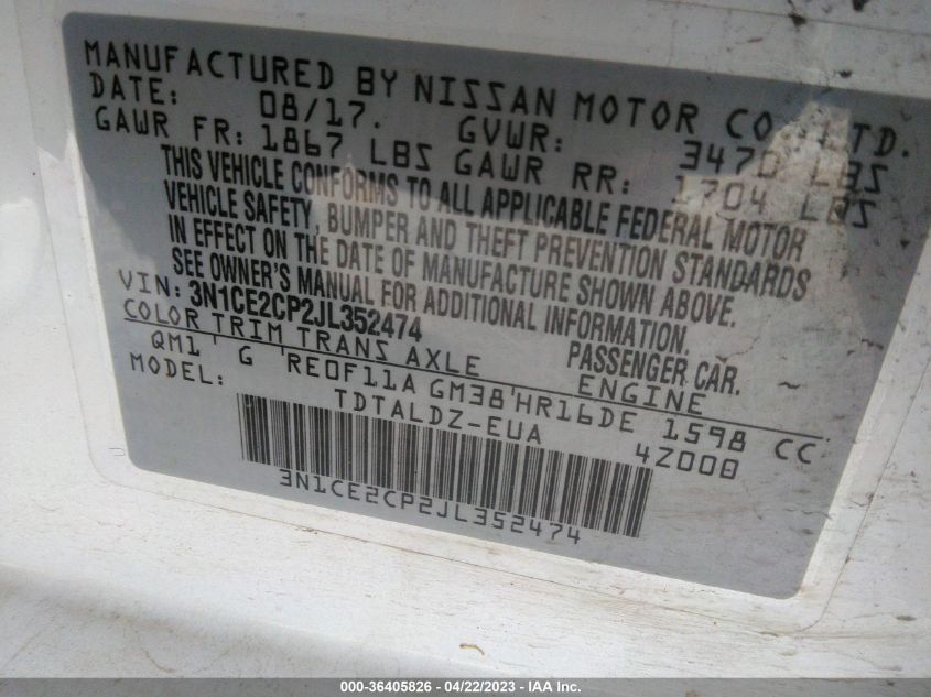2018 NISSAN VERSA NOTE SV - 3N1CE2CP2JL352474