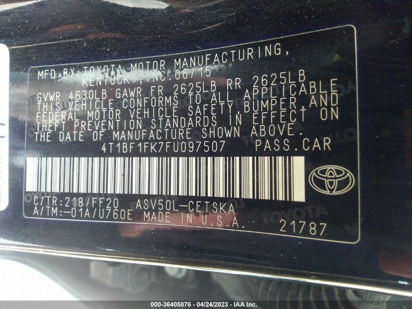 2015 TOYOTA CAMRY XLE/SE/LE/XSE - 4T1BF1FK7FU097507