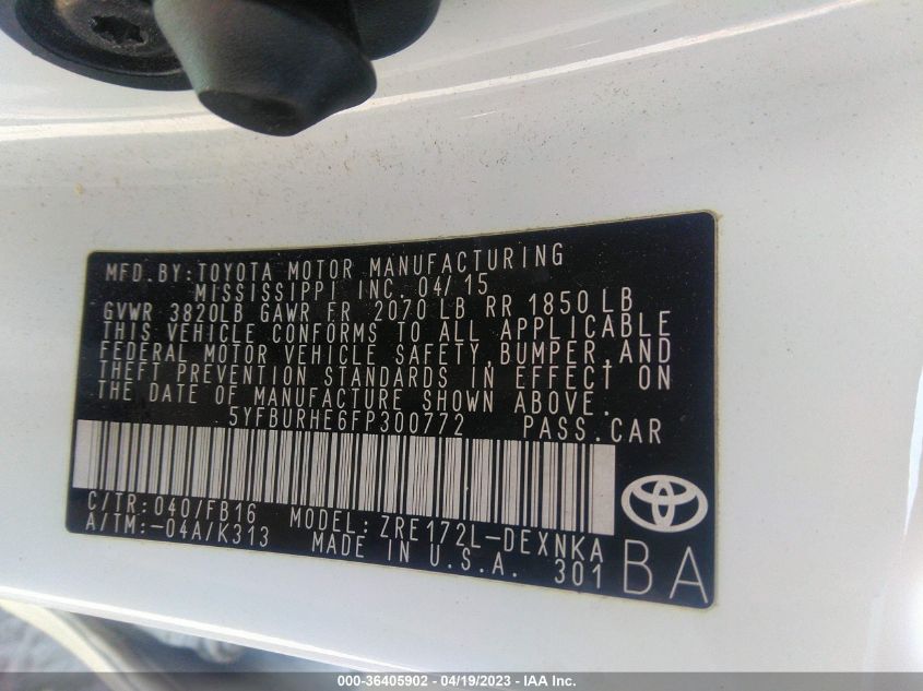 2015 TOYOTA COROLLA L/LE/S/S PLUS/LE PLUS - 5YFBURHE6FP300772