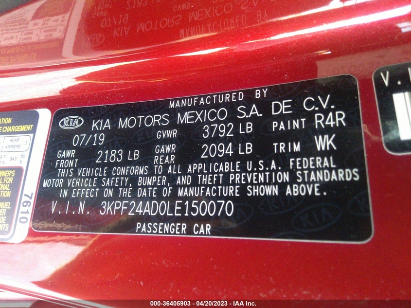 VIN 3KPF24AD0LE150070 2020 KIA FORTE LXS