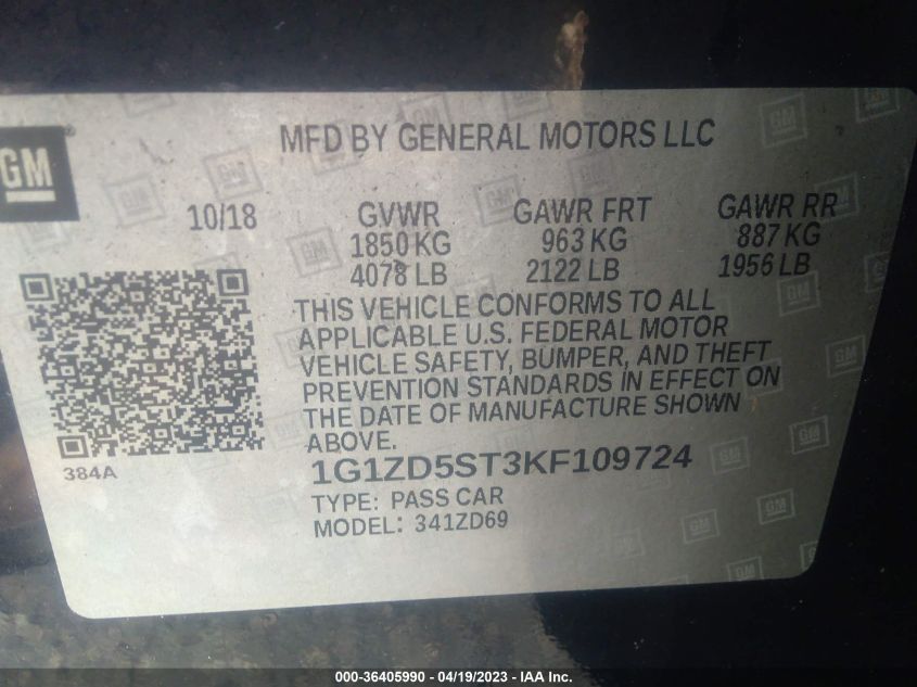 2019 CHEVROLET MALIBU LT - 1G1ZD5ST3KF109724