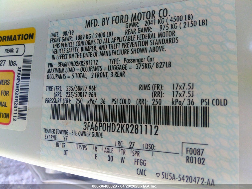 VIN 3FA6P0HD2KR281112 2019 FORD FUSION SE