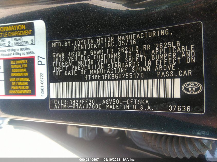 2016 TOYOTA CAMRY XLE/SE/LE/XSE - 4T1BF1FK9GU255170