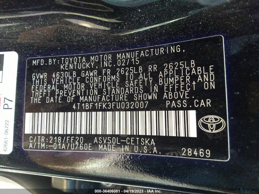 2015 TOYOTA CAMRY XLE/SE/LE/XSE - 4T1BF1FK3FU032007