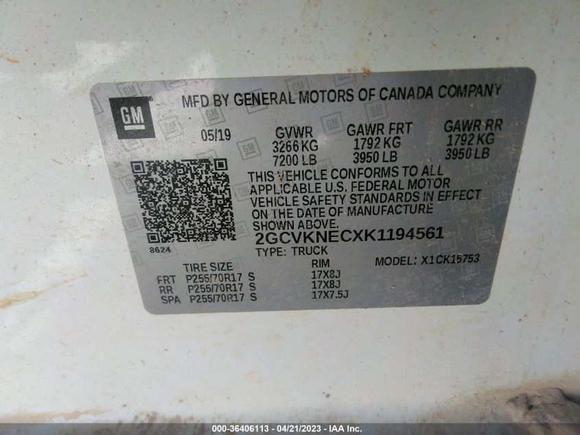 2019 CHEVROLET SILVERADO 1500 LD WORK TRUCK 2GCVKNECXK1194561