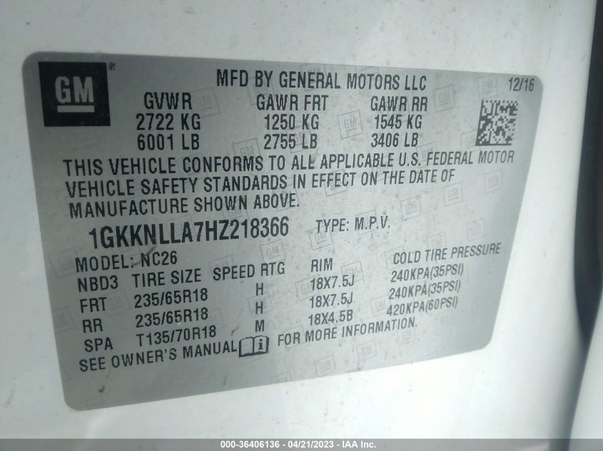 2017 GMC ACADIA SLE - 1GKKNLLA7HZ218366
