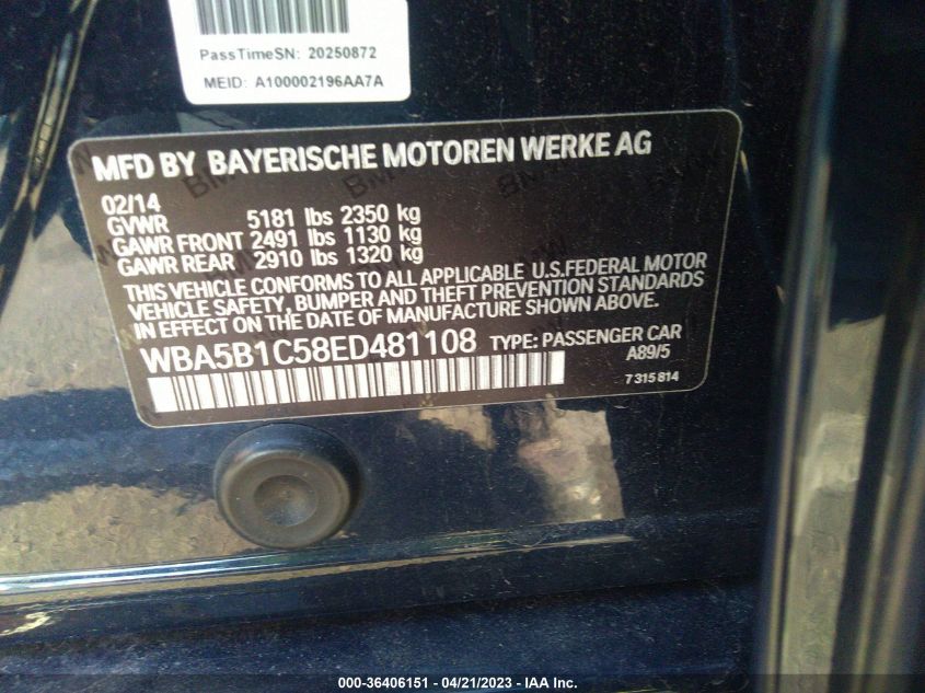 2014 BMW 5 SERIES 535I - WBA5B1C58ED481108