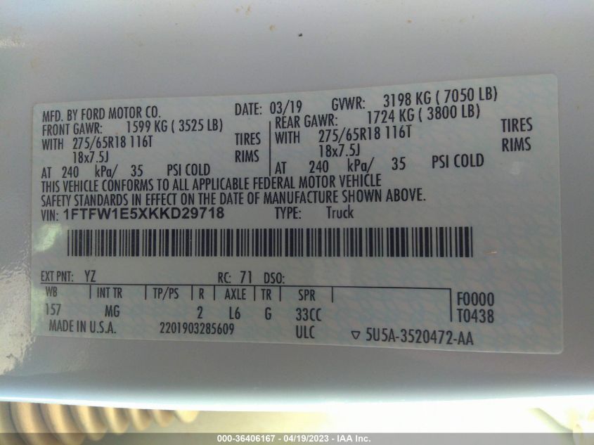 2019 FORD F-150 XL/XLT/LARIAT - 1FTFW1E5XKKD29718