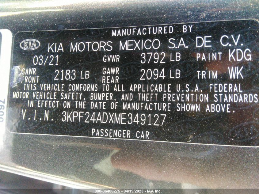 2021 KIA FORTE FE - 3KPF24ADXME349127