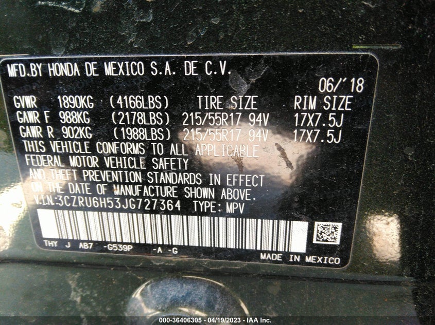 VIN 3CZRU6H53JG727364 2018 HONDA HR-V EX