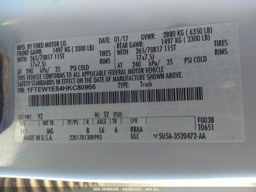 2017 FORD F-150 XL/XLT - 1FTEW1E84HKC80966