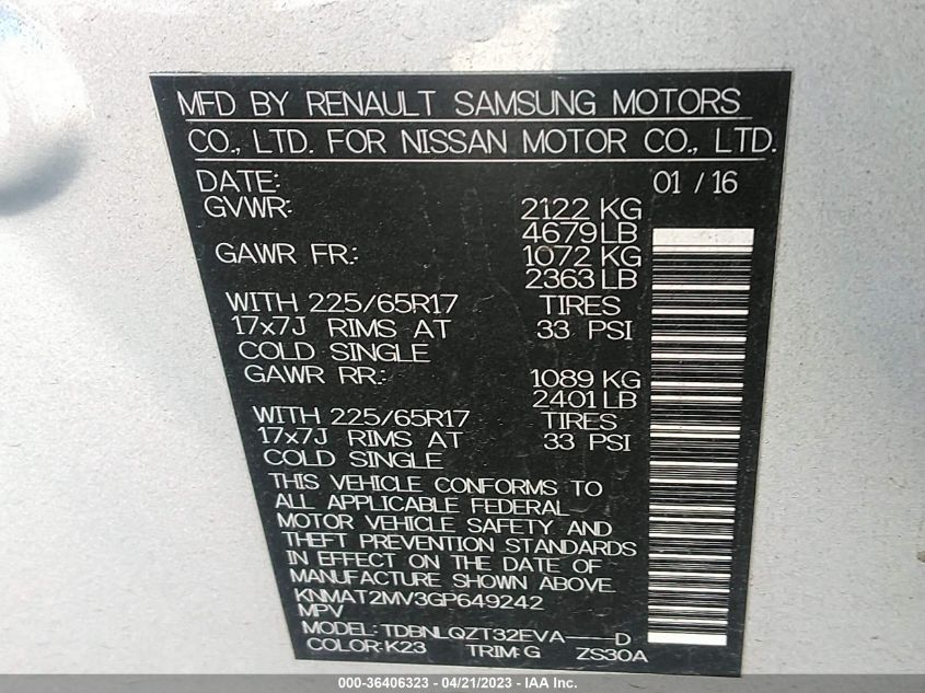 2016 NISSAN ROGUE SV - KNMAT2MV3GP649242