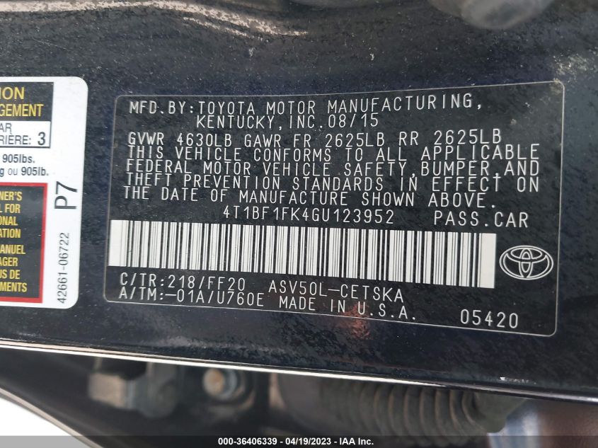2016 TOYOTA CAMRY XLE/SE/LE/XSE - 4T1BF1FK4GU123952