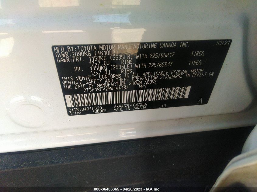 2021 TOYOTA RAV4 LE - 2T3H1RFV2MW144187
