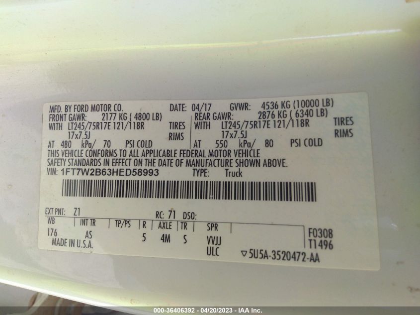 2017 FORD SUPER DUTY F-250 SRW LARIAT/PLATINUM - 1FT7W2B63HED58993