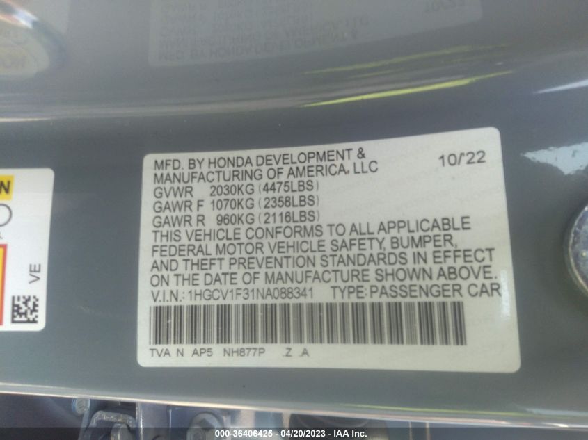 2022 HONDA ACCORD SEDAN SPORT - 1HGCV1F31NA088341
