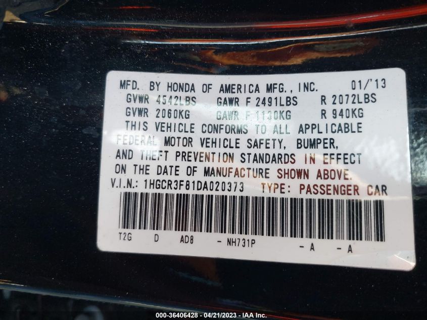 2013 HONDA ACCORD SDN EX-L - 1HGCR3F81DA020373
