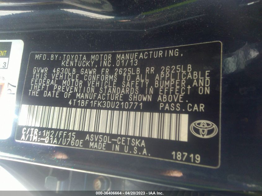 2013 TOYOTA CAMRY L/LE/SE/XLE - 4T1BF1FK3DU210771