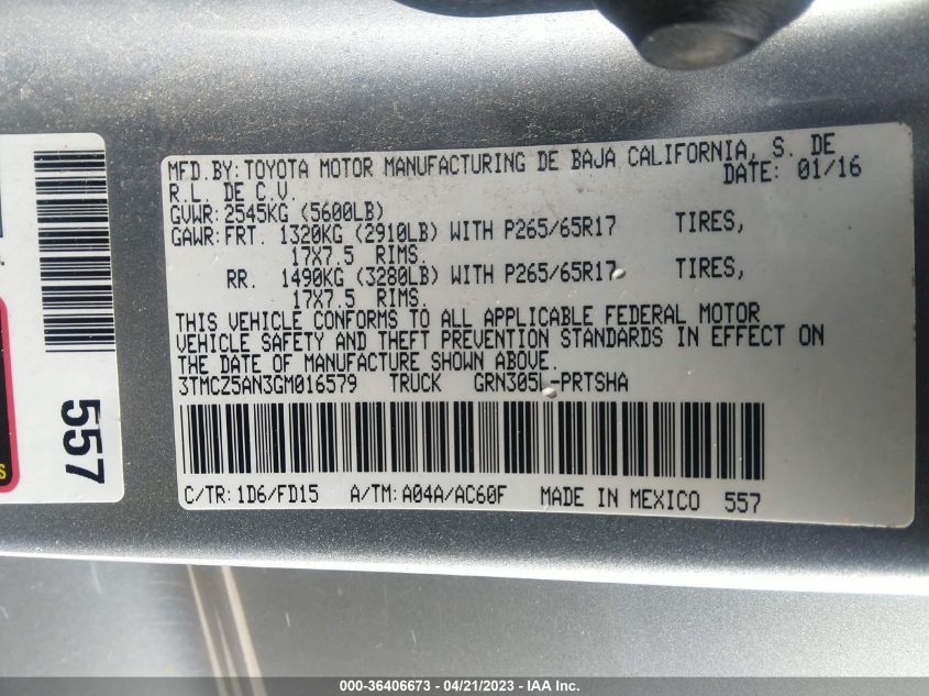 2016 TOYOTA TACOMA SR/SR5/TRD SPORT - 3TMCZ5AN3GM016579