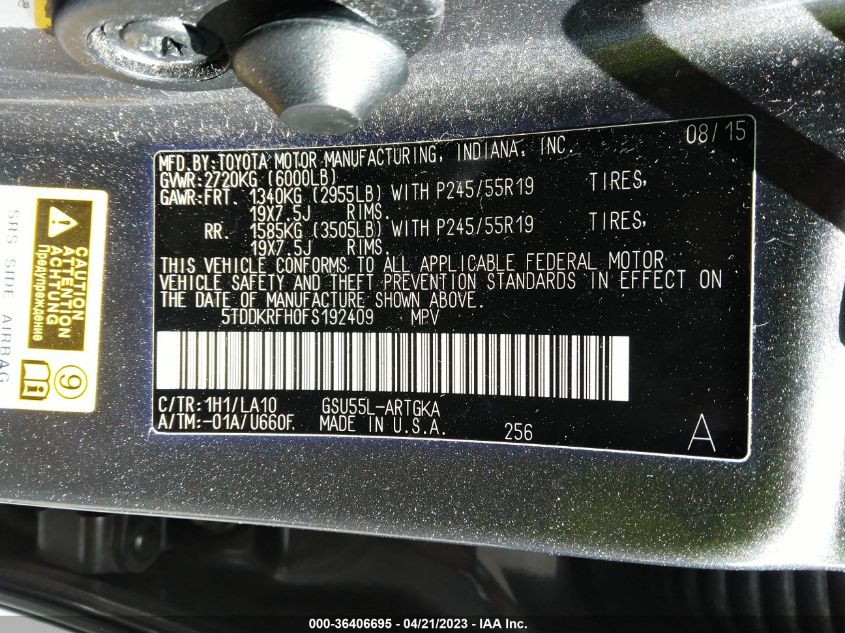 2015 TOYOTA HIGHLANDER LIMITED - 5TDDKRFH0FS192409