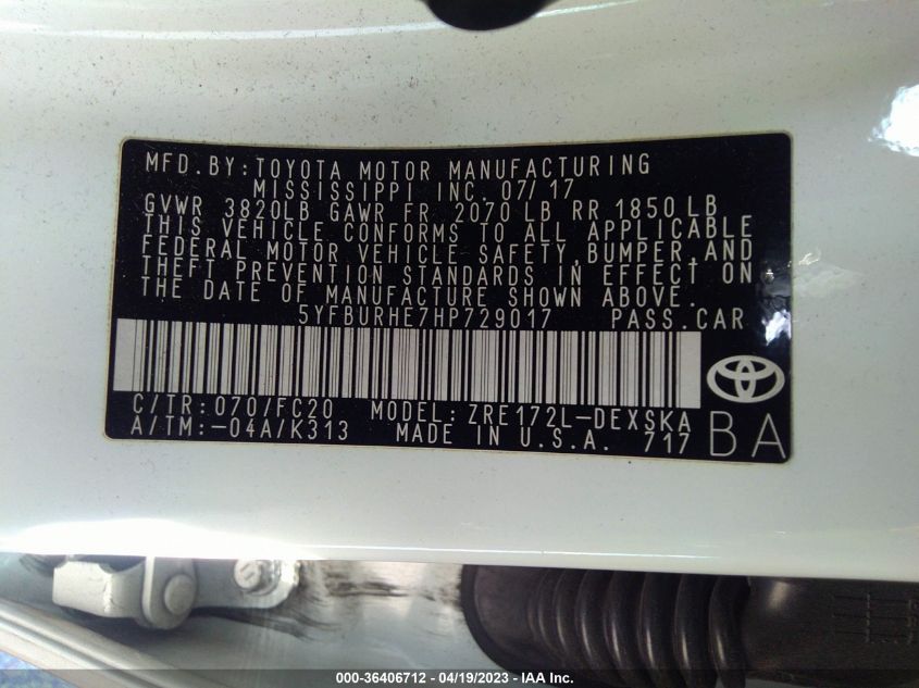 2017 TOYOTA COROLLA L/LE/XLE/SE - 5YFBURHE7HP729017