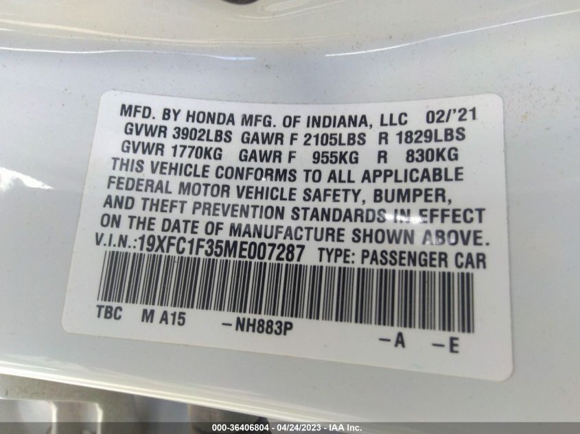 19XFC1F35ME007287 Honda Civic Sedan EX 9