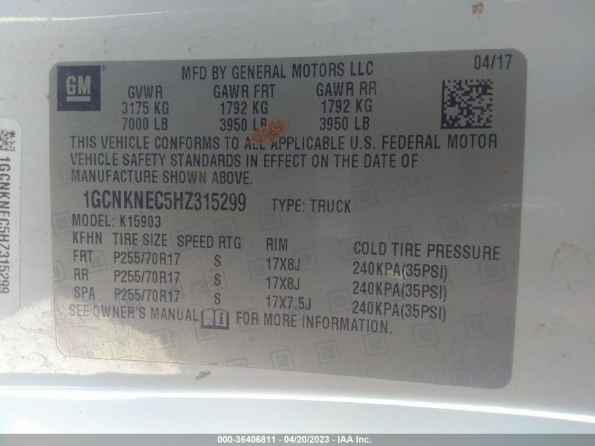 2017 CHEVROLET SILVERADO 1500 WORK TRUCK - 1GCNKNEC5HZ315299