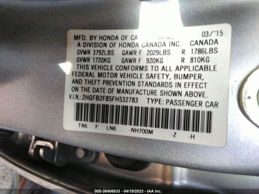 2015 HONDA CIVIC SEDAN EX - 2HGFB2F85FH532783
