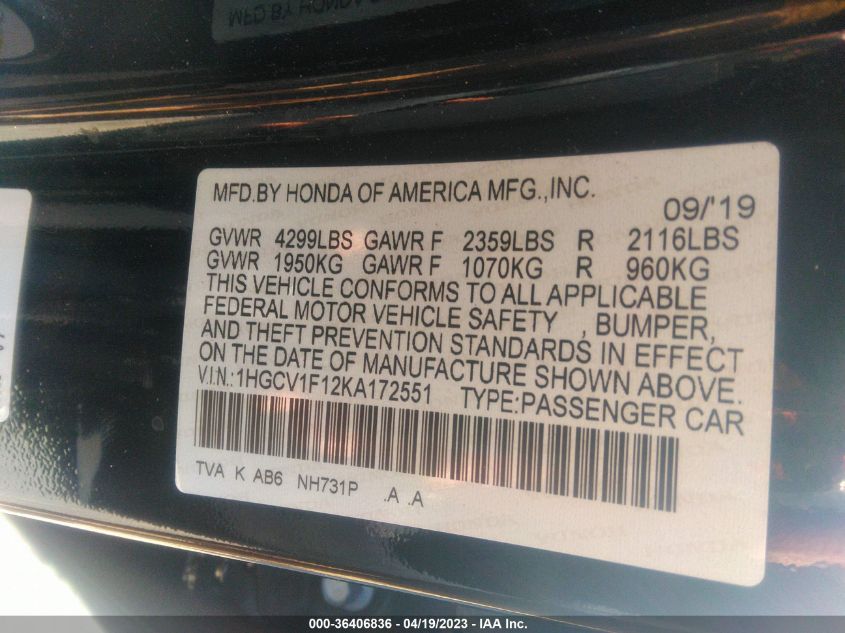 2019 HONDA ACCORD SEDAN LX 1.5T - 1HGCV1F12KA172551