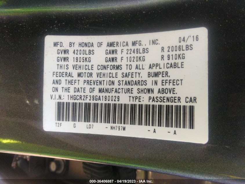 2016 HONDA ACCORD SEDAN LX - 1HGCR2F39GA190029