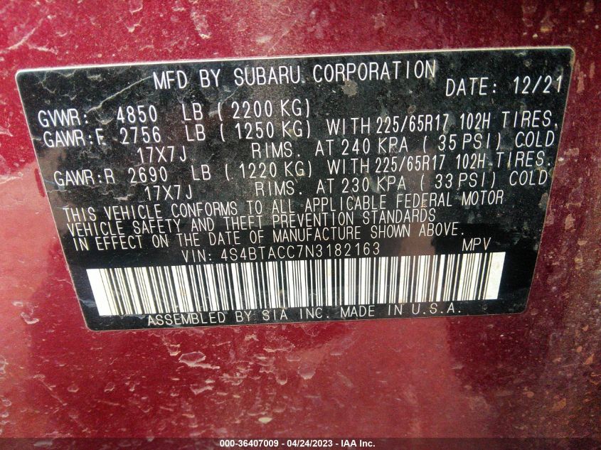 2022 SUBARU OUTBACK PREMIUM - 4S4BTACC7N3182163