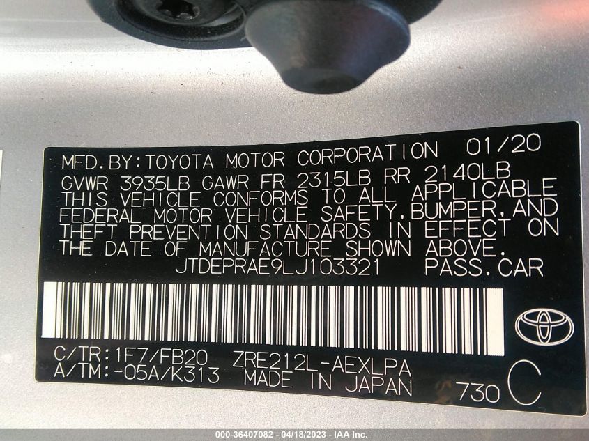2020 TOYOTA COROLLA LE - JTDEPRAE9LJ103321
