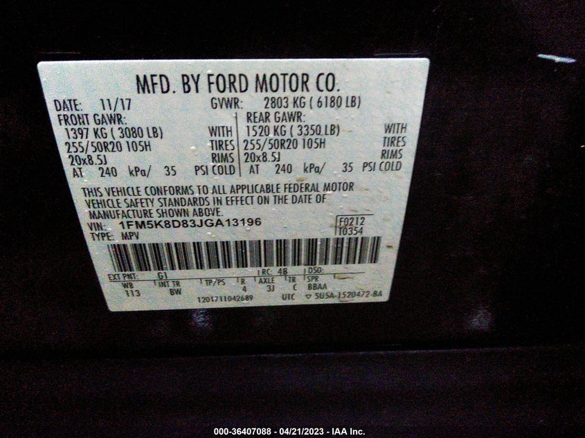 VIN 1FM5K8D83JGA13196 2018 FORD EXPLORER XLT