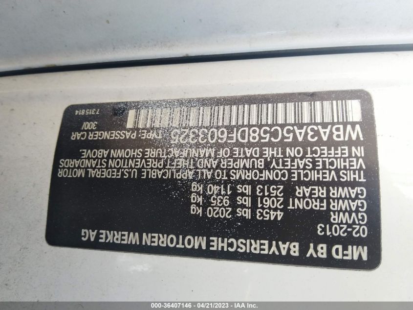 2013 BMW 3 SERIES 328I - WBA3A5C58DF603325