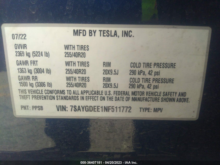 VIN 7SAYGDEE1NF511772 2022 TESLA MODEL Y LONG RANGE