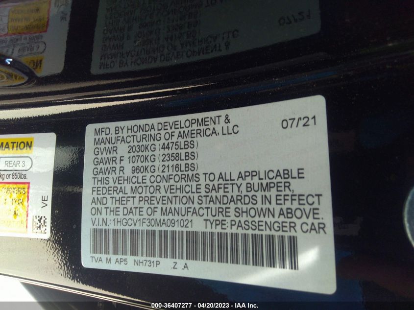 2021 HONDA ACCORD SEDAN SPORT - 1HGCV1F30MA091021