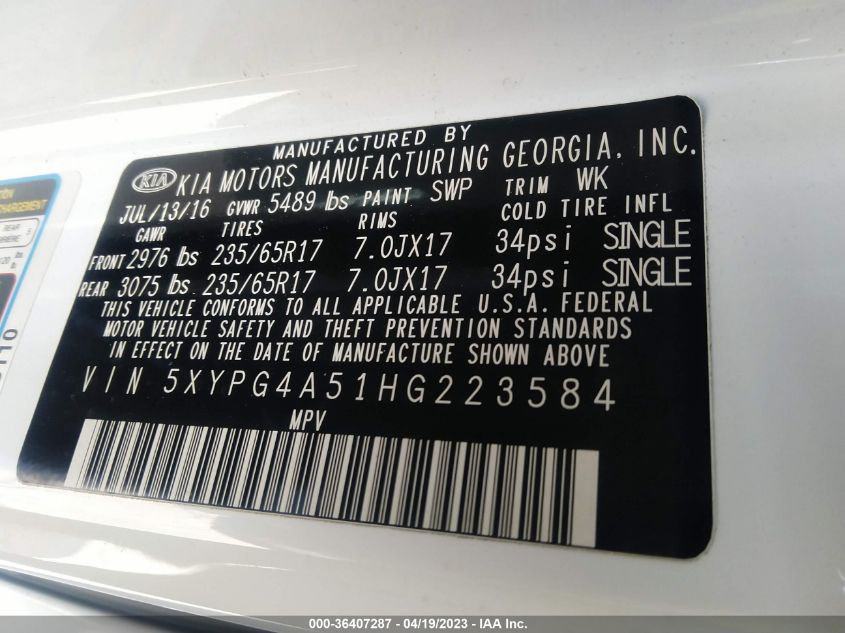 2017 KIA SORENTO LX V6 - 5XYPG4A51HG223584