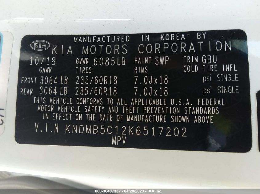 2019 KIA SEDONA EX - KNDMB5C12K6517202