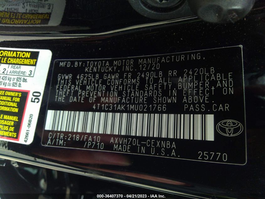 2021 TOYOTA CAMRY HYBRID LE - 4T1C31AK1MU021766