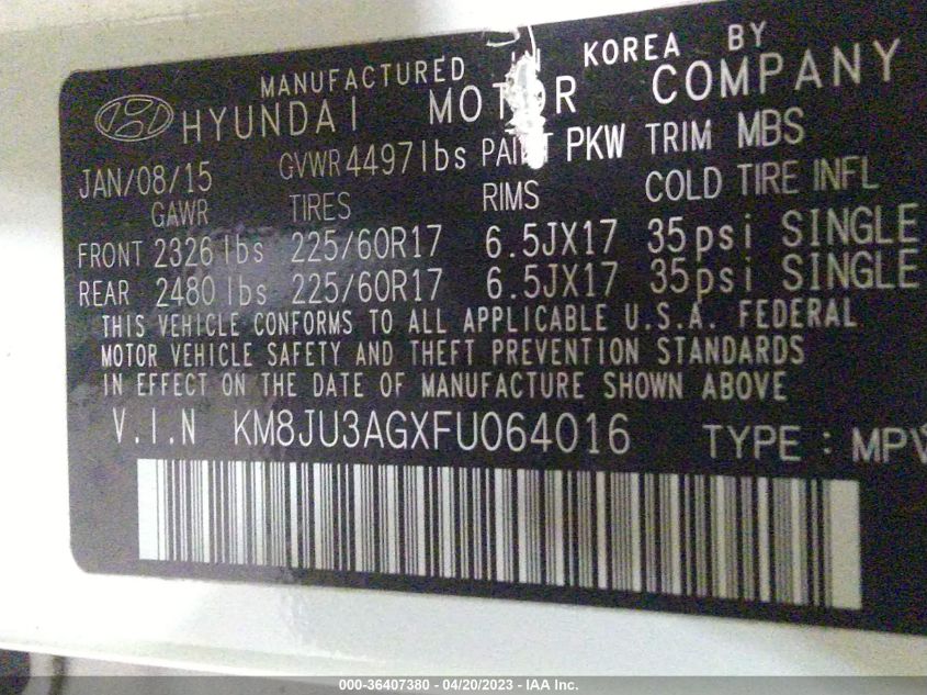 2015 HYUNDAI TUCSON SE - KM8JU3AGXFU064016