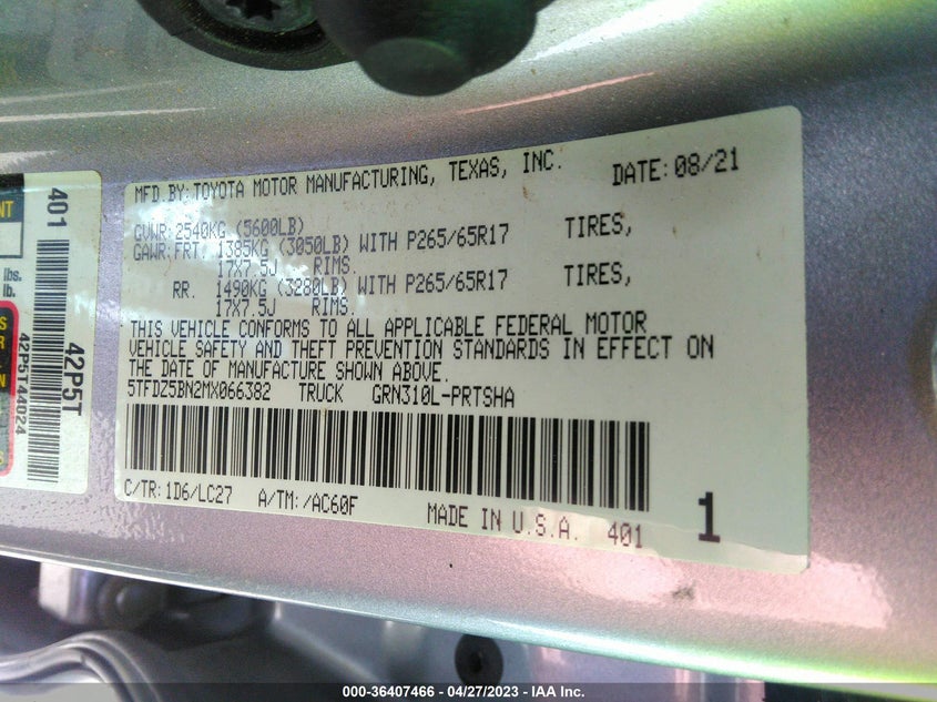 VIN 5TFDZ5BN2MX066382 2021 TOYOTA TACOMA 4WD TRD OFF ROAD