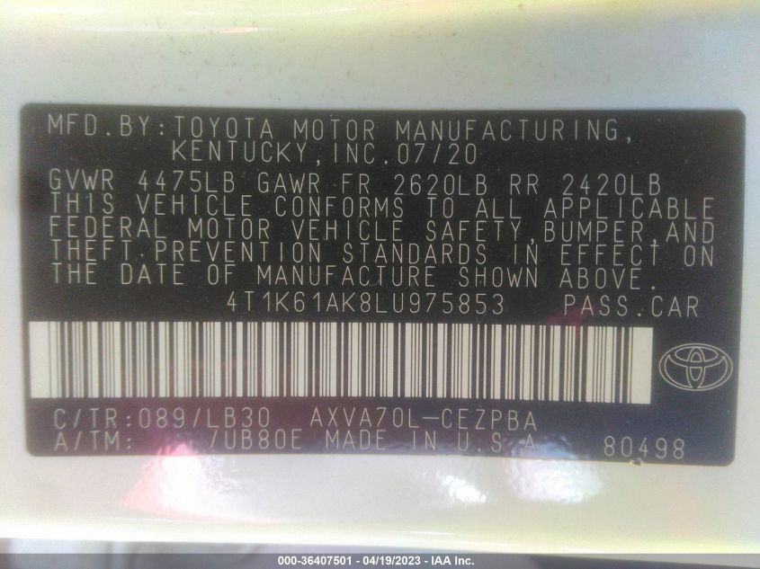 2020 TOYOTA CAMRY XSE - 4T1K61AK8LU975853