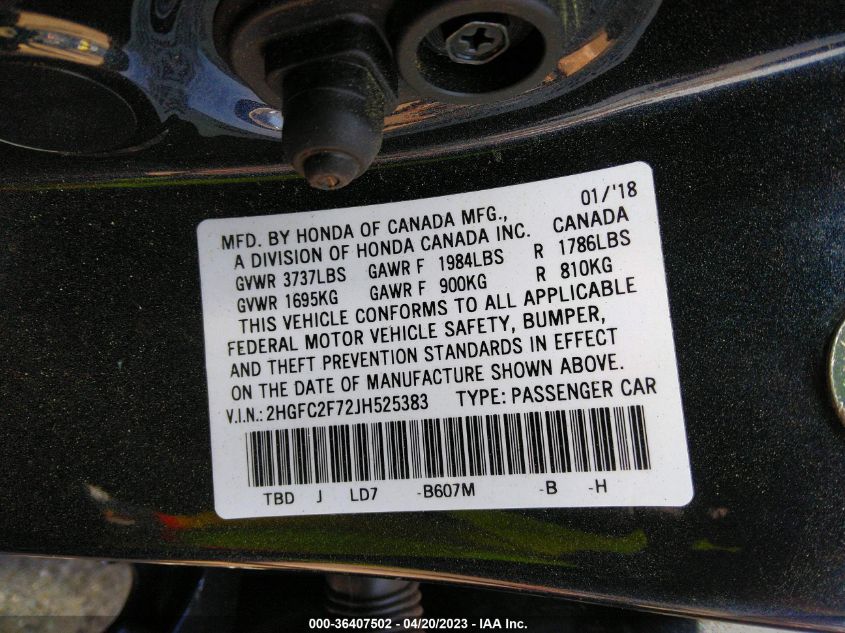 2018 HONDA CIVIC SEDAN EX - 2HGFC2F72JH525383