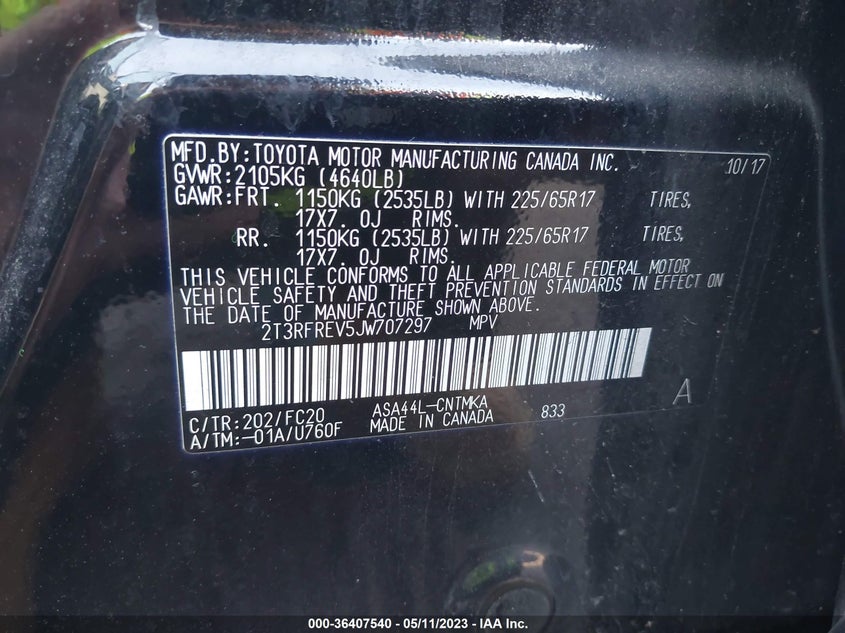VIN 2T3RFREV5JW707297 2018 TOYOTA RAV4 XLE/ADVENTURE