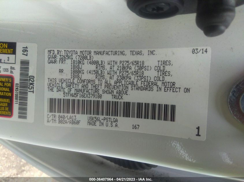 2014 TOYOTA TUNDRA 4WD TRUCK LTD - 5TFHW5F16EX379180