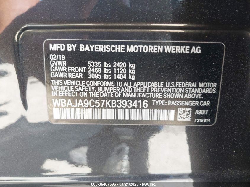2019 BMW 5 SERIES 530E IPERFORMANCE - WBAJA9C57KB393416
