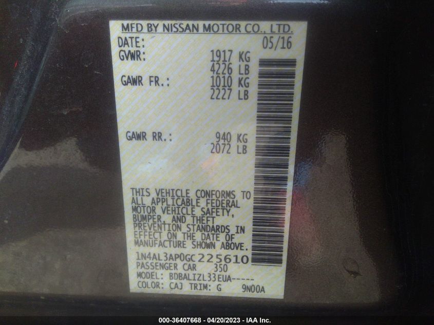 2016 NISSAN ALTIMA 2.5 - 1N4AL3AP0GC225610